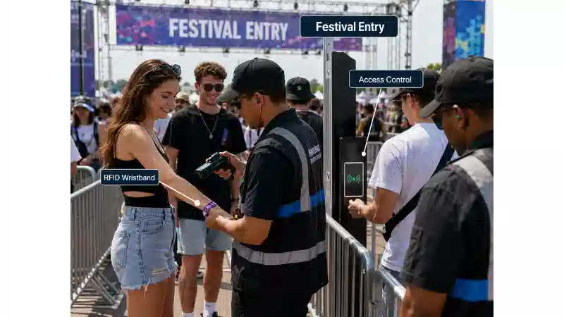Festival attendees using RFID wristbands at an event entrance Festival attendees using RFID wristbands at an event entrance